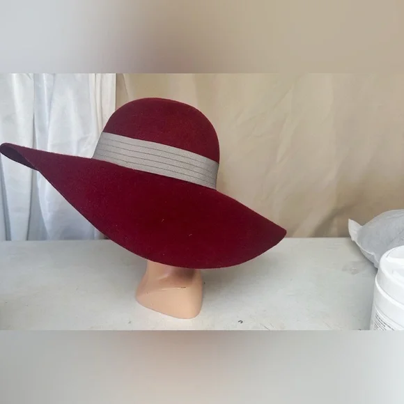 GOORIN BROS WOMENS MAROON BURGUNDY WOOL GREY RIBBON LARGE RIM FLOPPY HAT S - Picture 3 of 5